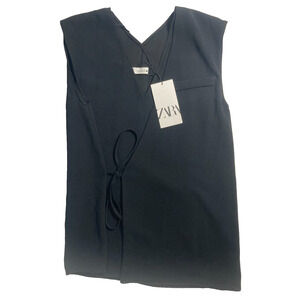 NWT Zara Black sleeveless v neck top tie in front slit in back XS